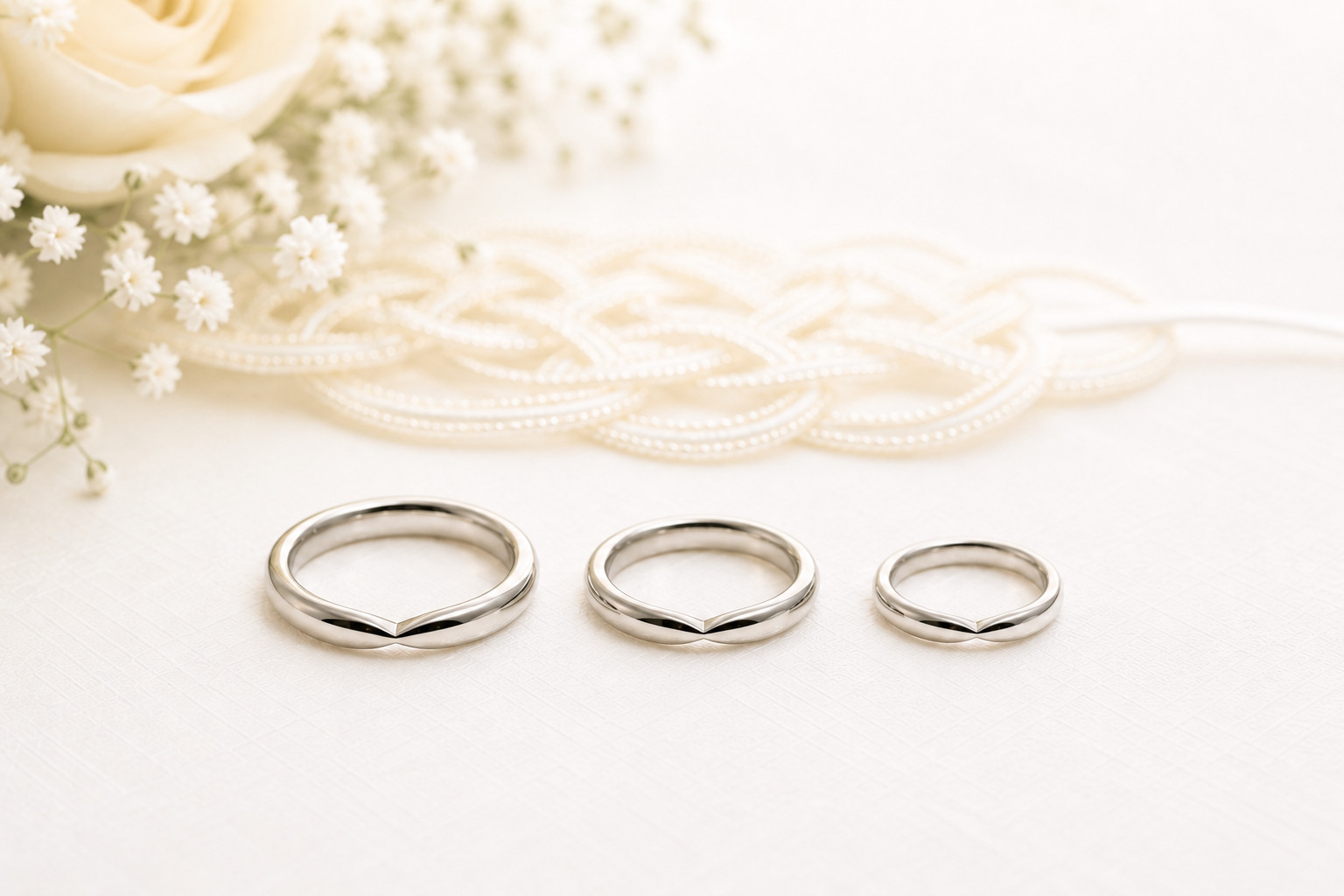 ベビーリングと結婚指輪3本を並べた写真